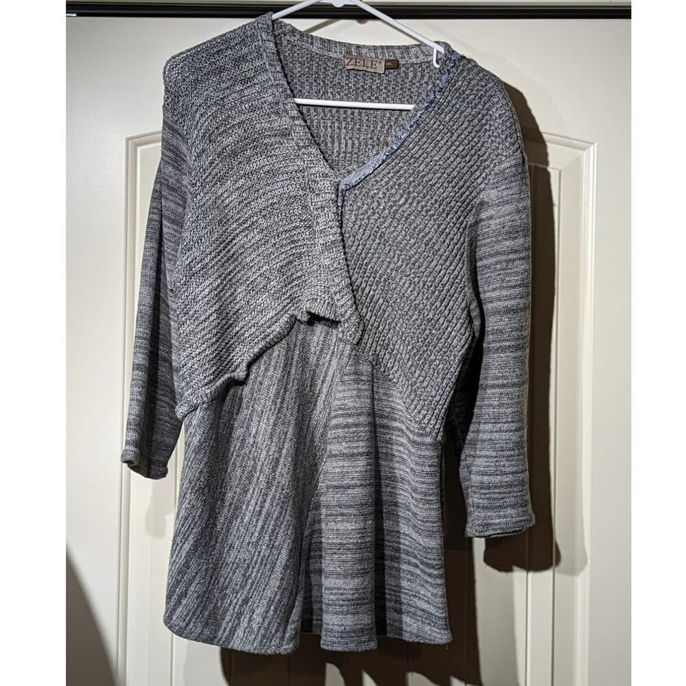 Zele 100% Flax Variegated Gray V-Neck Raw Edge Lightweight Sweater Women Sz XXL